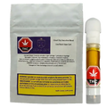 Front-facing photo of the 2026 Executive Blend Live Rosin Vape Cartridge and its silver foil pouch, the amber cartridge with a red THC label standing to the right.