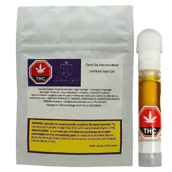 Front-facing photo of the 2026 Executive Blend Live Rosin Vape Cartridge and its silver foil pouch, the amber cartridge with a red THC label standing to the right.