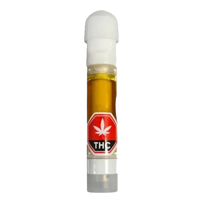 Close-up vertical shot of a cartridge filled with amber oil, labeled and capped, showing the 2026 Executive Blend Live Rosin Vape Cartridge.