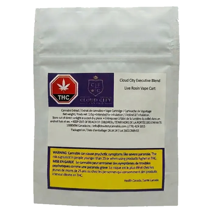 Front-facing image of a white pouch labeled "2026 Executive Blend Live Rosin Vape Cartridge" with a purple Cloud City crest and a yellow warning box near the bottom