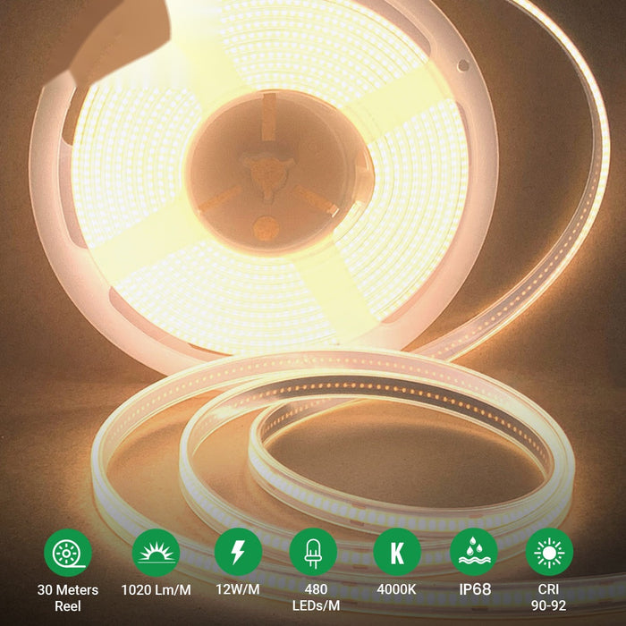 24V COB LED Strip Lights 30 Meters Reel with 480 LEDs/M, 12W/M, 1200lm/M, CRI 90-92, 4000K, IP68