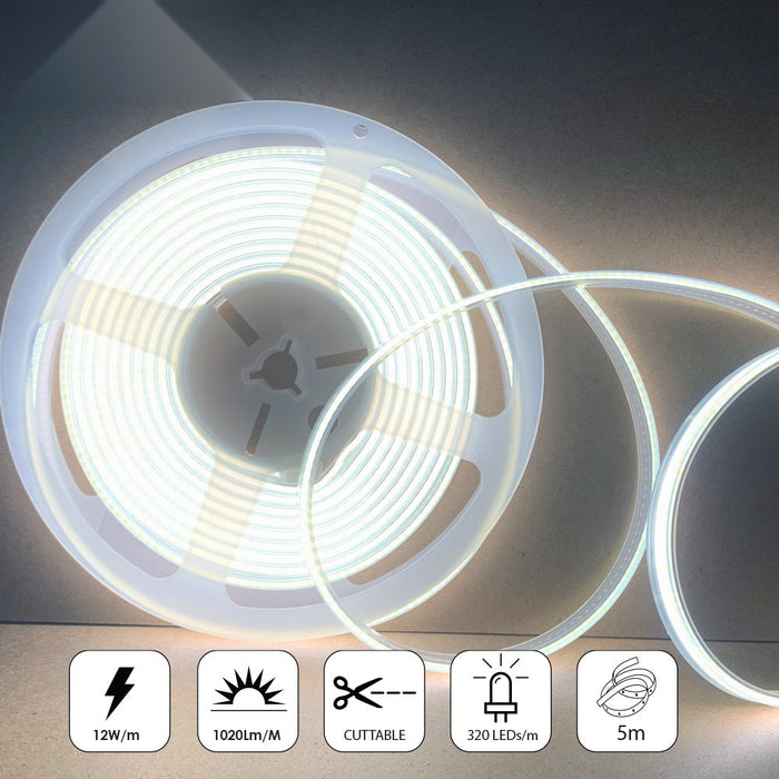 24V COB LED Strip Lights 30 Meters Reel with 480 LEDs/M, 12W/M, 1200lm/M, CRI 90-92, 6500K, IP20