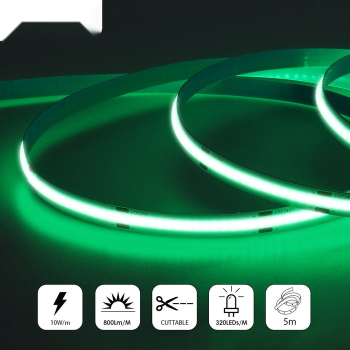 24V COB LED Strip Lights with 480 LEDs/M, 10W/M, 800lm/M, CRI 90-92, Green Colour