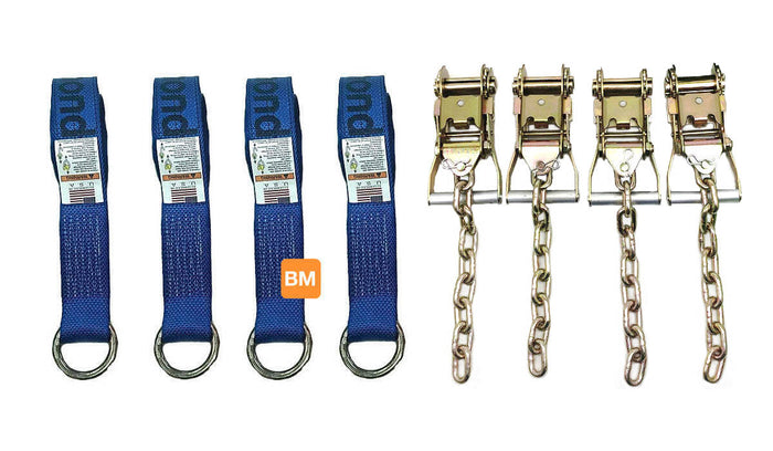 4-point Tie Down Kit Wheel Lift Straps w/Chain Ratchets Diamond Weave BLUE