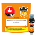 Angled product shot of the Amped Live Resin Pineapple Express Vape Cartridge against an orange branded backing, showing the cartridge's label, cap, and dripping crown logo.