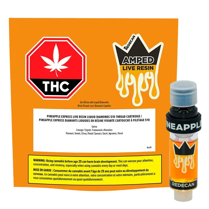 Angled product shot of the Amped Live Resin Pineapple Express Vape Cartridge against an orange branded backing, showing the cartridge's label, cap, and dripping crown logo.