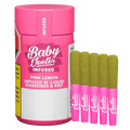 Three-quarter frontal view of a bright pink Baby Jeeter Pink Lemon Infused PR 5 x 0.5 g container with five matching pink‑wrapped pre-rolls standing beside it.