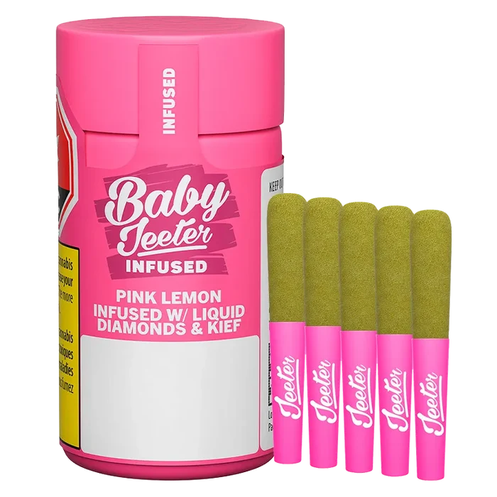 Three-quarter frontal view of a bright pink Baby Jeeter Pink Lemon Infused PR 5 x 0.5 g container with five matching pink‑wrapped pre-rolls standing beside it.