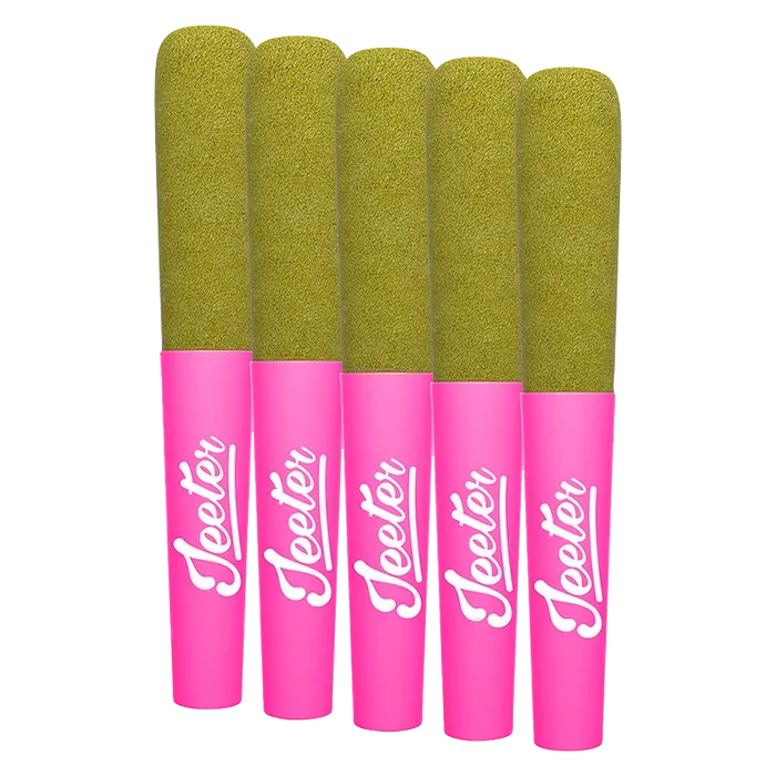 Row of five upright Baby Jeeter Pink Lemon Infused PR 5 x 0.5 g pre-rolls with pink branded tips and textured greenish lemon-filled tops on a white background