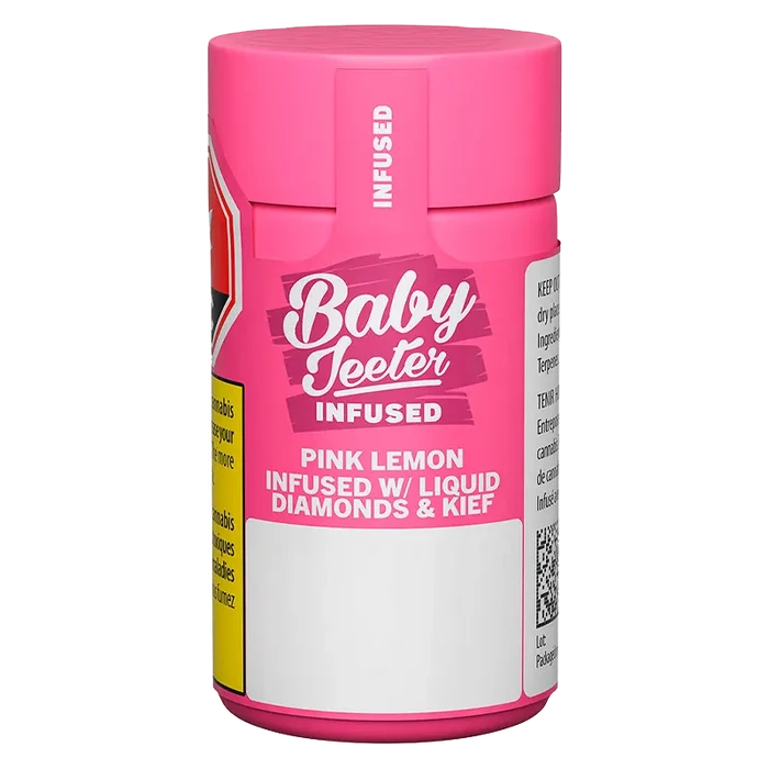 Front-facing studio shot of the Baby Jeeter Pink Lemon Infused PR 5 x 0.5 g pink container with bold white logo and label.