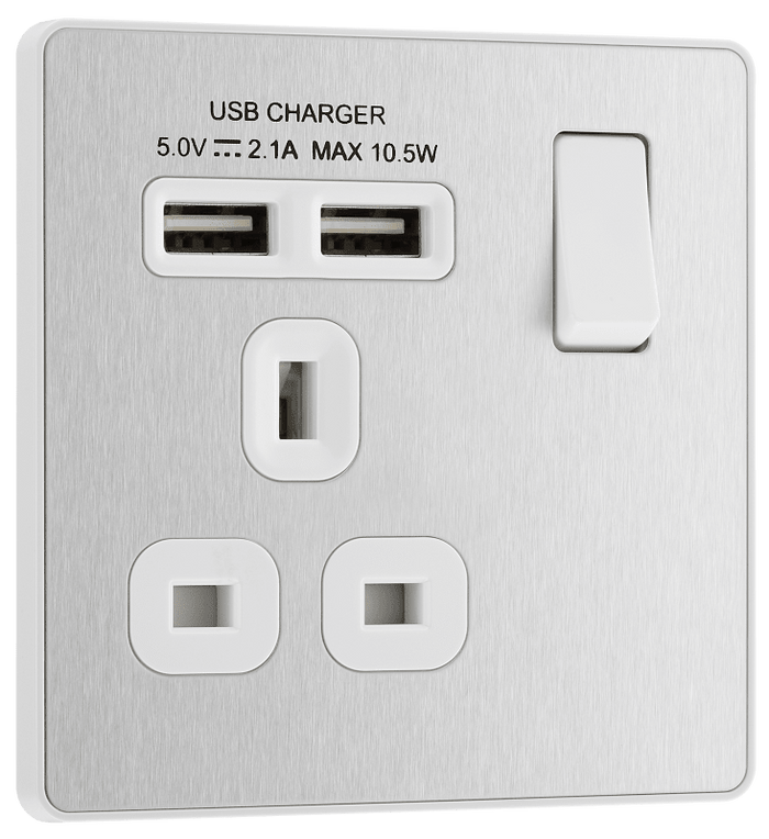 BG Evolve Brushed Steel 1G SP Switch, 2x USB-A - PCDBS21U2W-01