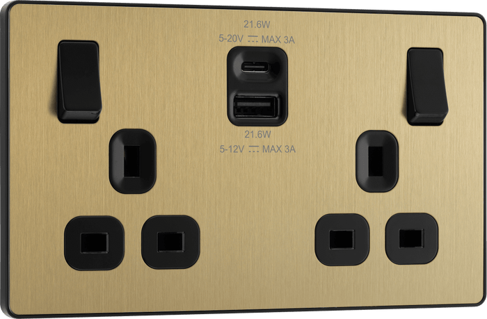 BG Evolve Satin Brass 2G SP Switch, USB-A+C 22W - PCDSB22UAC22B-01