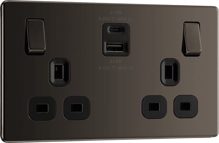 BG Nexus Flatplate Black Nickel 2G SP Switch, USB-A+C 22W - FBN22UAC22B-01