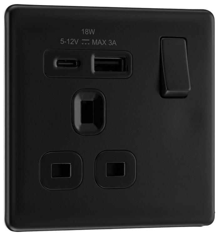 BG Nexus Flatplate Matt Black 1G SP Switch, USB-A+C - FFB21UAC18B-01