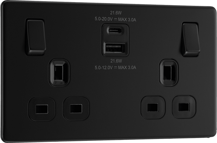 BG Nexus Flatplate Matt Black 2G SP Switch, USB-A+C 22W - FFB22UAC22B-01