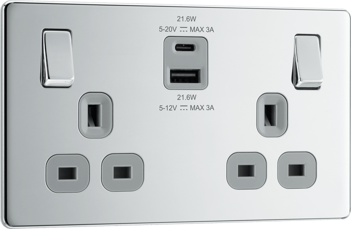 BG Nexus Flatplate Polished Chrome 2G SP Switch, USB-A+C 22W - FPC22UAC22G-01