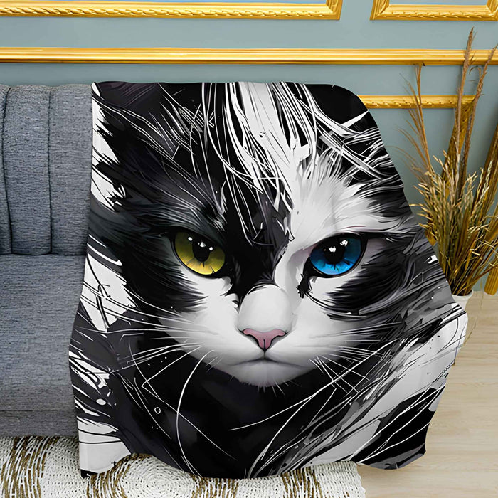 Black and White Cat Portrait Print Plush Fleece Throw Blanket