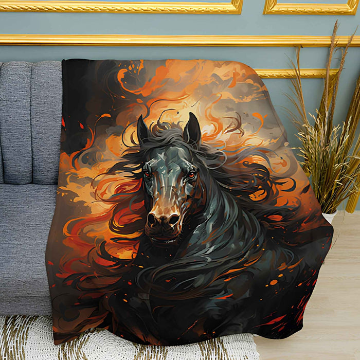Black Horse Graphic Print Plush Fleece Throw Blanket