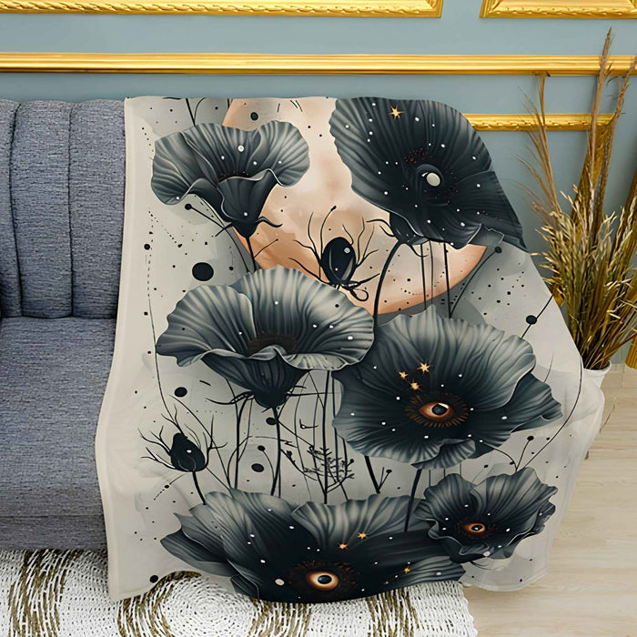Black Poppies and Crescent Art Plush Fleece Throw Blanket