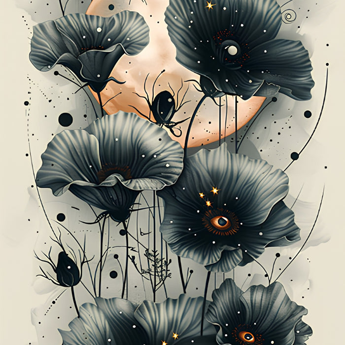 Black Poppies and Crescent Art Plush Fleece Throw Blanket