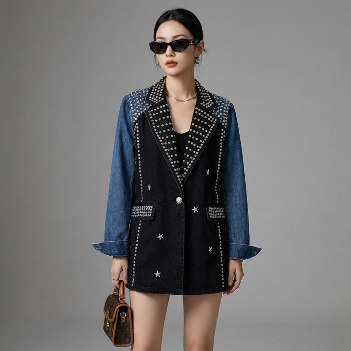 Blazer en denim noir avec rivets et col tailleur - Koreanxwear - Taille M