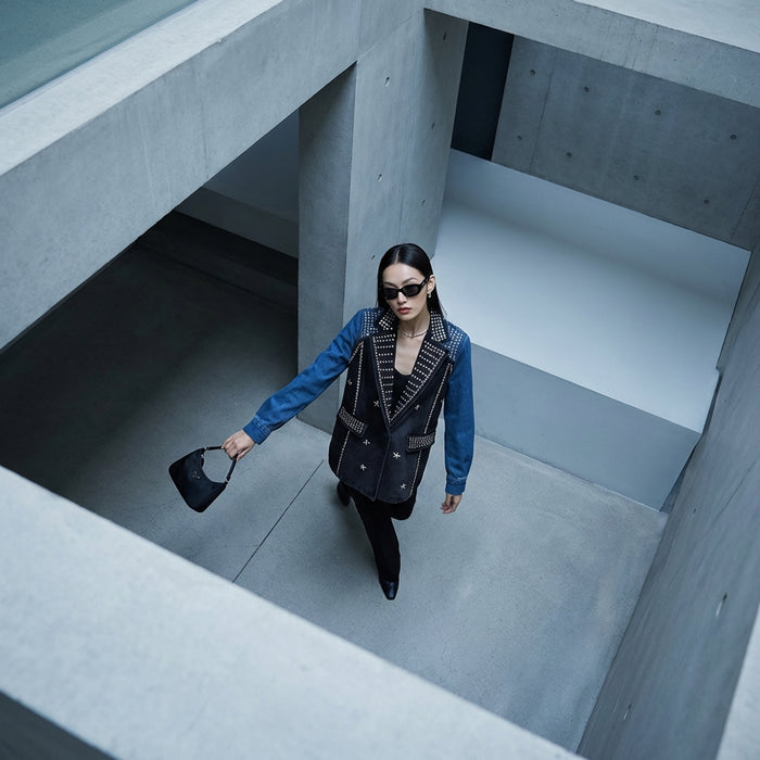 Blazer en denim noir avec rivets et col tailleur - Koreanxwear