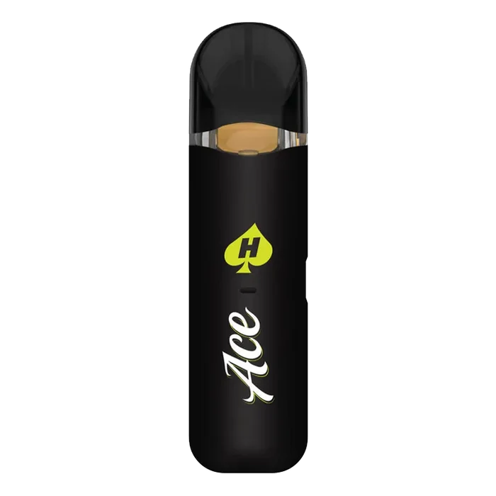 Straight-on product shot of a black Blue King Live Resin Disposable Vape with a translucent mouthpiece and lime-green Ace logo centered on the body.