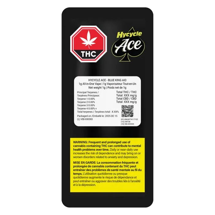 Vertical back-view of the Blue King Live Resin Disposable Vape packaging showing THC and Hycycle Ace logos, a white ingredient panel, and a yellow warning box.