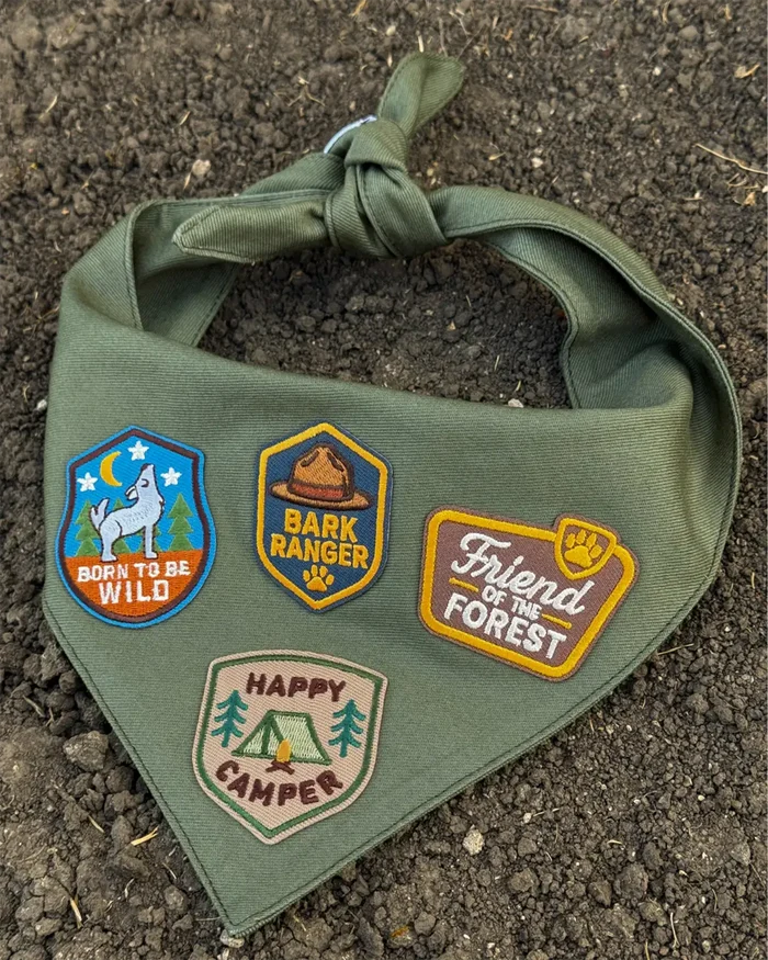 Green dog bandana with nature-themed patches on a dirt background