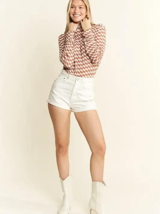 Checkered Mesh Mock Neck Top