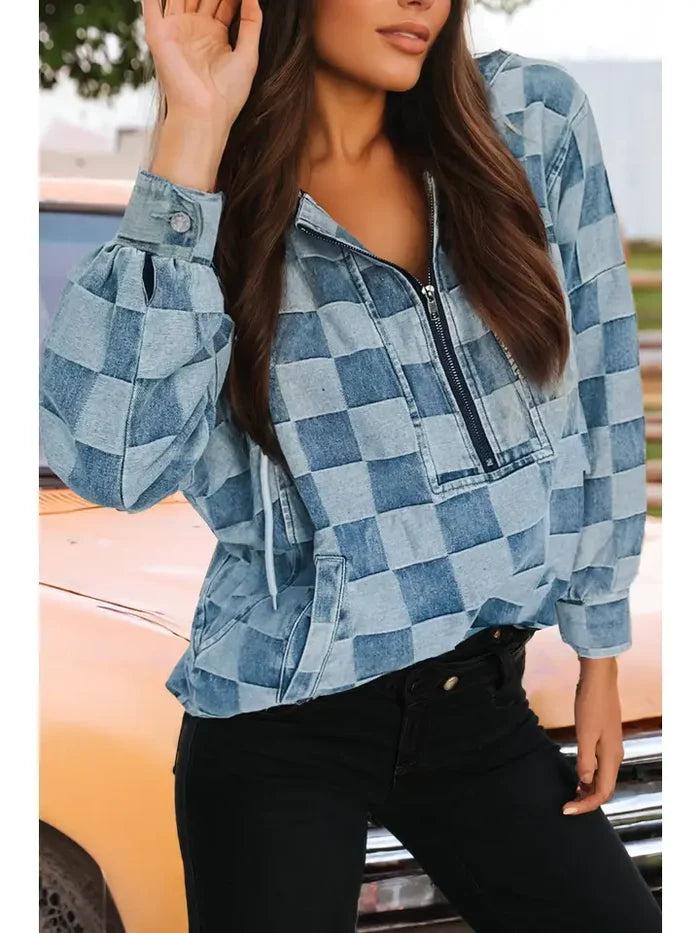 Checkered Zipped Neck Kangaroo Pocket Denim Hoodie