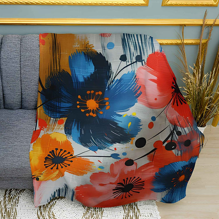 Colorful Flowers Paint Splatter Plush Fleece Throw Blanket