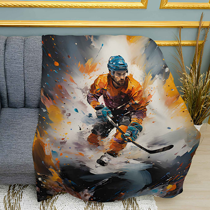 Colorful Sketch Hockey Player Print Plush Fleece Throw Blanket