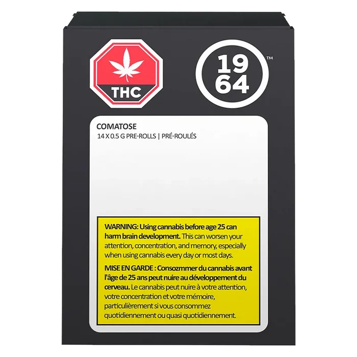 Front-facing image of the Comatose PR 14 x 0.5 g black box with bold THC and 1964 logos and a yellow warning label.