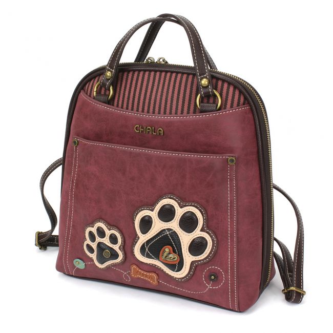 Convertible Backpack Purse Burgundy Pawprint