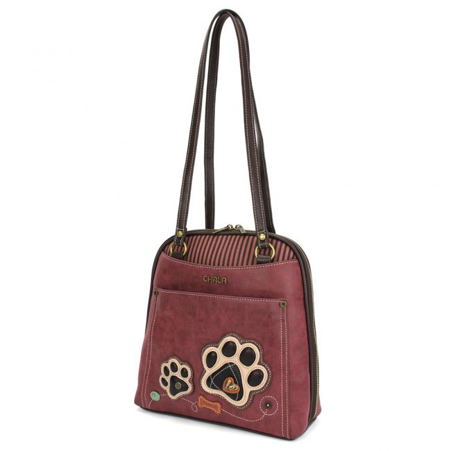 Convertible Backpack Purse Burgundy Pawprint