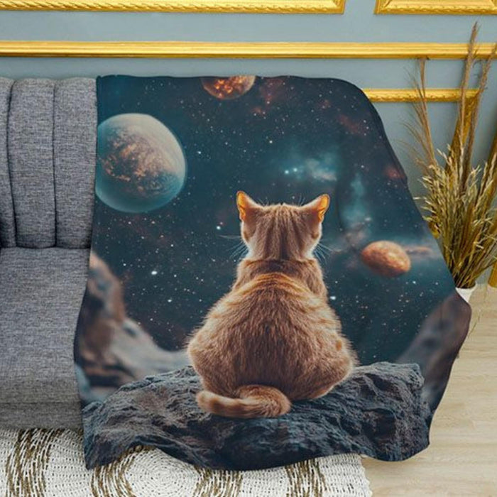 Cosmic Kitten Space Galaxy Print Plush Fleece Throw Blanket