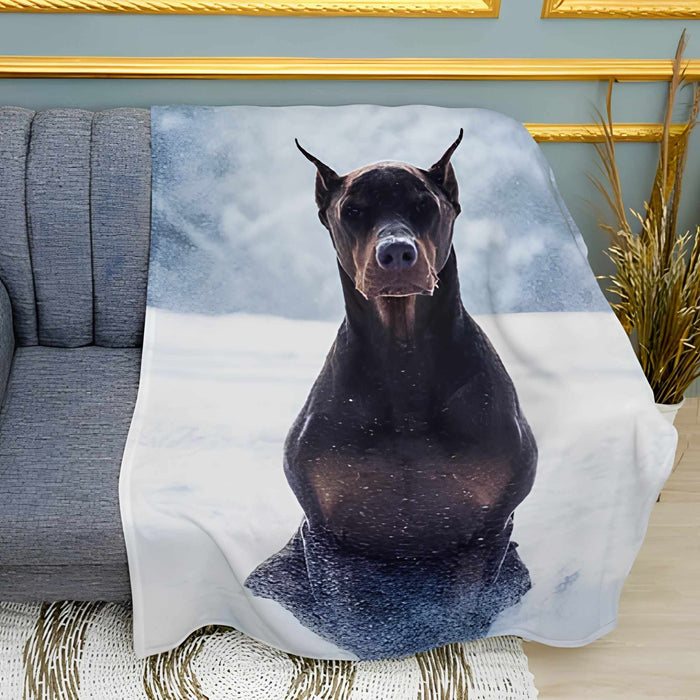 Doberman in the Snow Print Plush Fleece Throw Blanket