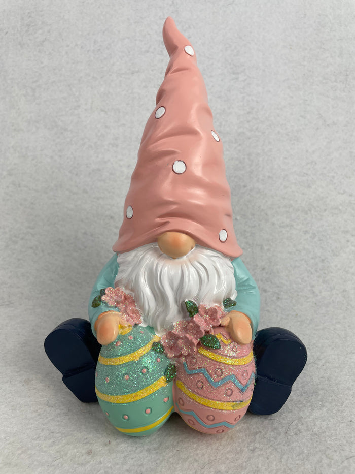 Easter Sitting Gnome Holding 2 Decorated Eggs