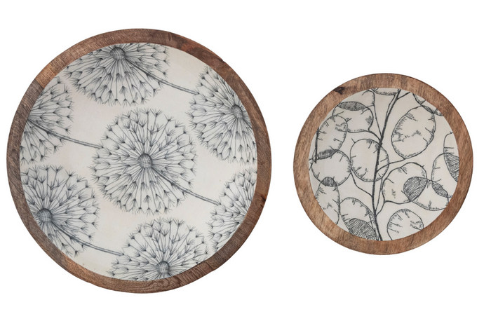 Enameled Mango Wood Bowls with Botanical Patterns