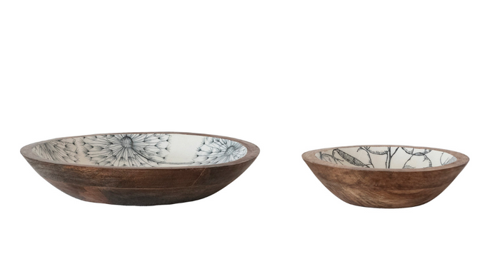 Enameled Mango Wood Bowls with Botanical Patterns