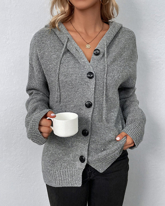 FERNANDA - SOLID HOODED CARDIGAN WITH DRAWSTRINGS