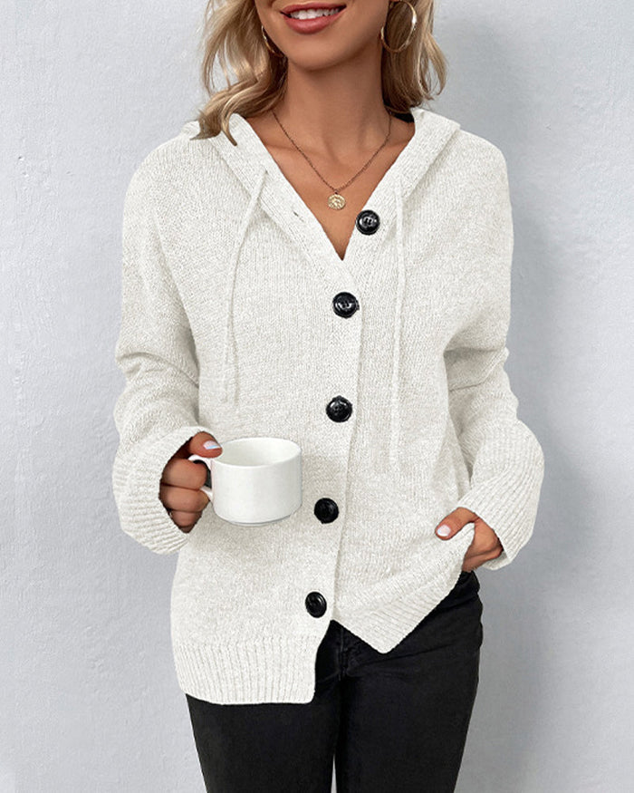 FERNANDA - SOLID HOODED CARDIGAN WITH DRAWSTRINGS