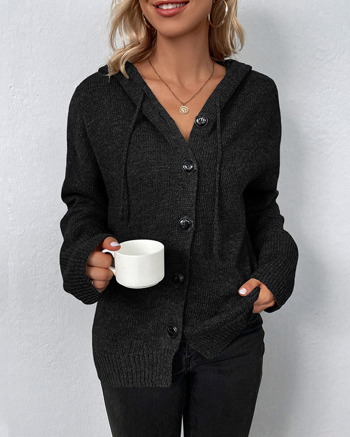 FERNANDA - SOLID HOODED CARDIGAN WITH DRAWSTRINGS
