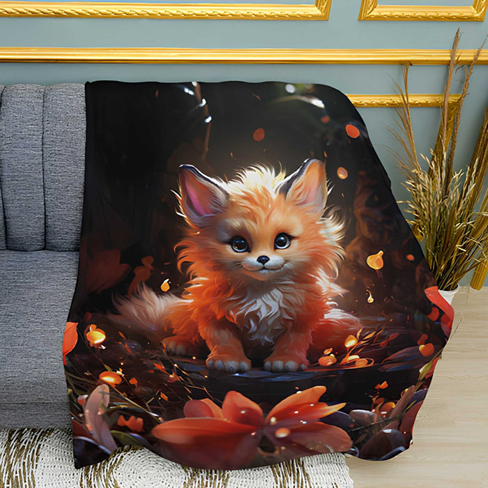 Fox with Flowers Floral Print Plush Fleece Throw Blanket