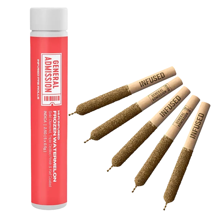 A front view of the red canister and four kief-coated pre-rolls labeled "INFUSED" from Frozen Watermelon Hi-Fi Infused PR 5 x 0.5 g.