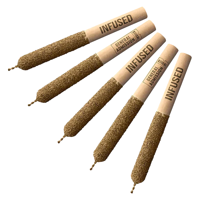 Angled top-down view of five Frozen Watermelon Hi-Fi Infused PR 5 x 0.5 g pre-rolls with textured brown coating and kraft paper tips labeled "INFUSED."