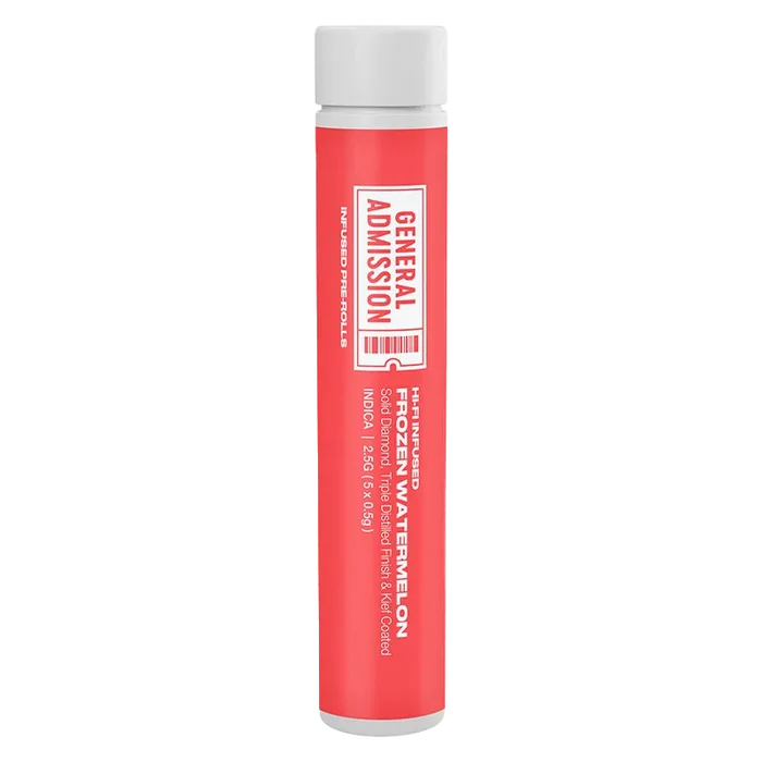 Tall vertical studio shot of the Frozen Watermelon Hi-Fi Infused PR 5 x 0.5 g tube showing a bright red label and white cap with "General Admission" branding.
