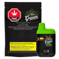 Front view of the Claybourne Co. Gassers Super Sour Apple Liquid Diamonds disposable vape and its black pouch, the green-topped device showing a small window and digital display.