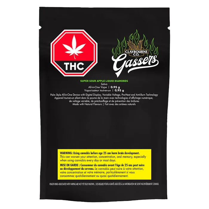 Straight-on view of the black pouch packaging for Gassers Super Sour Apple Liquid Diamonds Disposable Vape, showing a red THC stop-sign logo and green-accented branding.